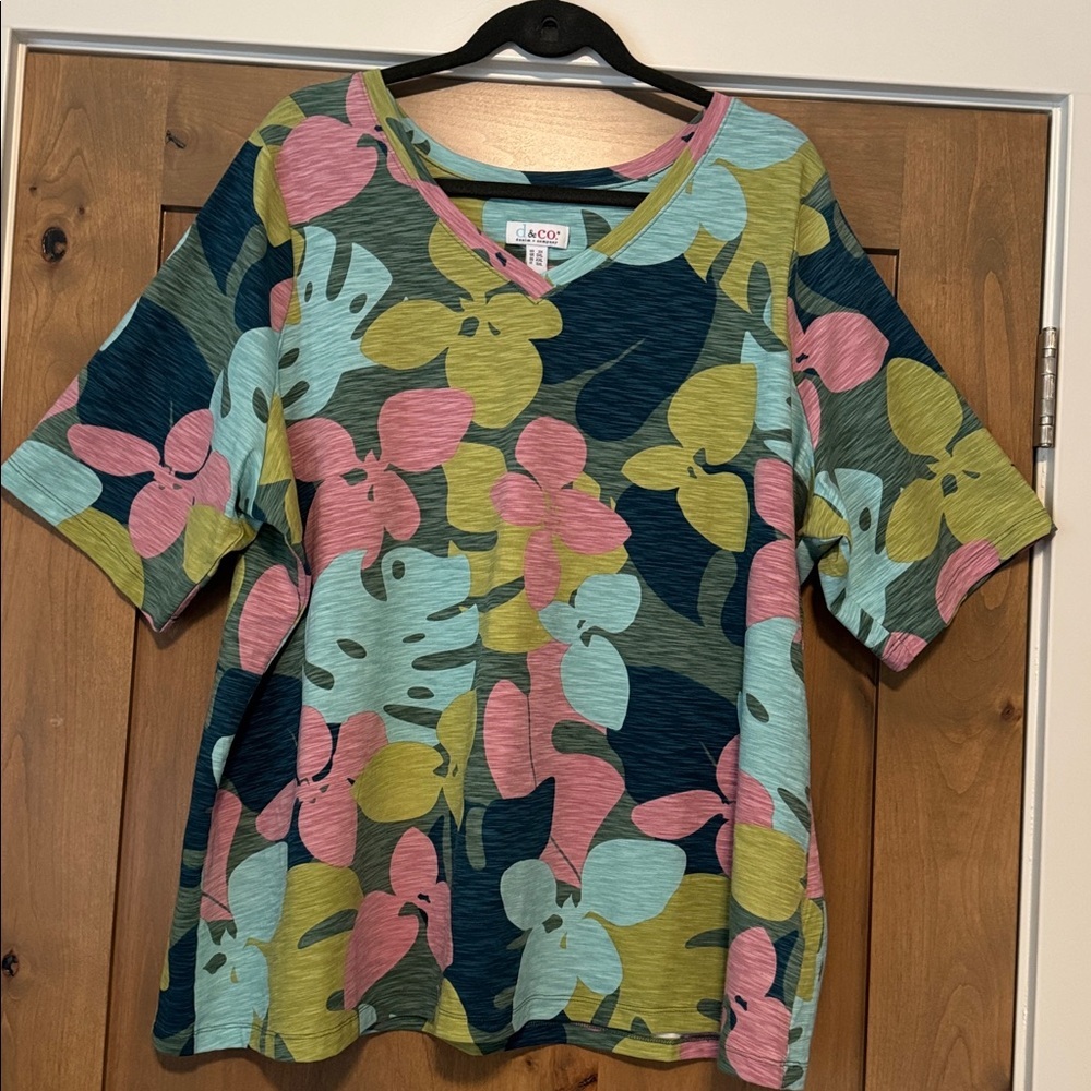 D&Co Short Sleeve Blouse Top Tee Womens 2X Colorful Tropical Blue Pink Green